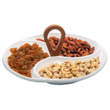 3 Compartment Ceramic & Wood Swirls Platter with Wooden Handle