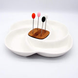 4 Compartment Ceramic & Wood Swish Serving Platter with Forks Set