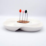4 Compartment Ceramic & Wood Swish Serving Platter with Forks Set