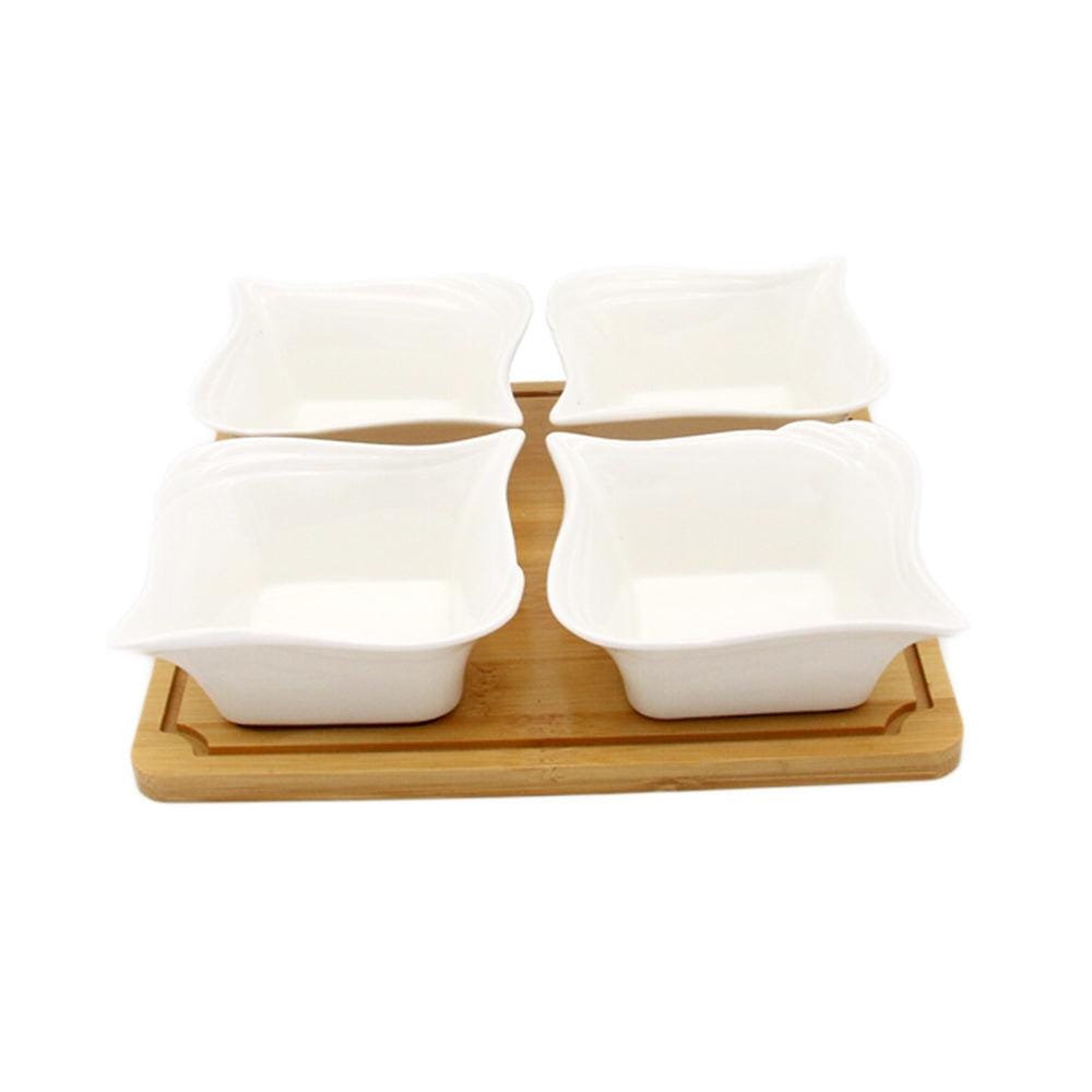 4 Ceramic Classy Bowls Serving Platter with Wooden Stand & Tray Set
