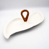 2 Compartment Ceramic Curvy Serving Platter with Wooden Handle