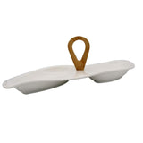 2 Compartment Ceramic Curvy Serving Platter with Wooden Handle
