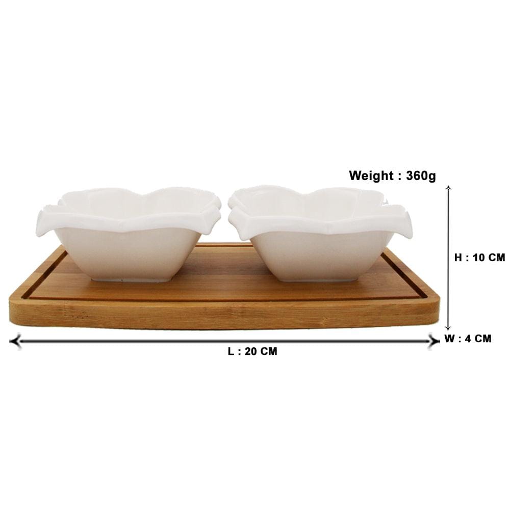 2 Ceramic Elegant Bowls Serving Platter with Wooden Stand & Tray Set