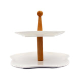 2 Tier Ceramic Serving Platter with Wooden Handle Set
