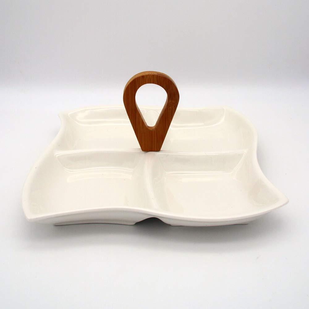 4 Compartment Ceramic Sway Serving Platter with Wooden Handle