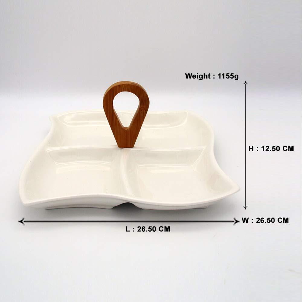 4 Compartment Ceramic Sway Serving Platter with Wooden Handle