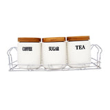 Tea, Coffee, Sugar - 3 White Ceramic Checks Jars with Lid on Wooden Tray Set