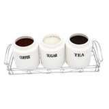 Tea, Coffee, Sugar - 3 White Ceramic Checks Jars with Lid on Wooden Tray Set