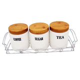 Tea, Coffee, Sugar - 3 White Ceramic Checks Jars with Lid on Wooden Tray Set