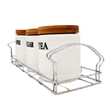 Tea, Coffee, Sugar - 3 White Ceramic Checks Jars with Lid on Wooden Tray Set