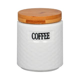 Tea, Coffee, Sugar - 3 White Ceramic Checks Jars with Lid on Wooden Tray Set