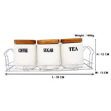 Tea, Coffee, Sugar - 3 White Ceramic Checks Jars with Lid on Wooden Tray Set