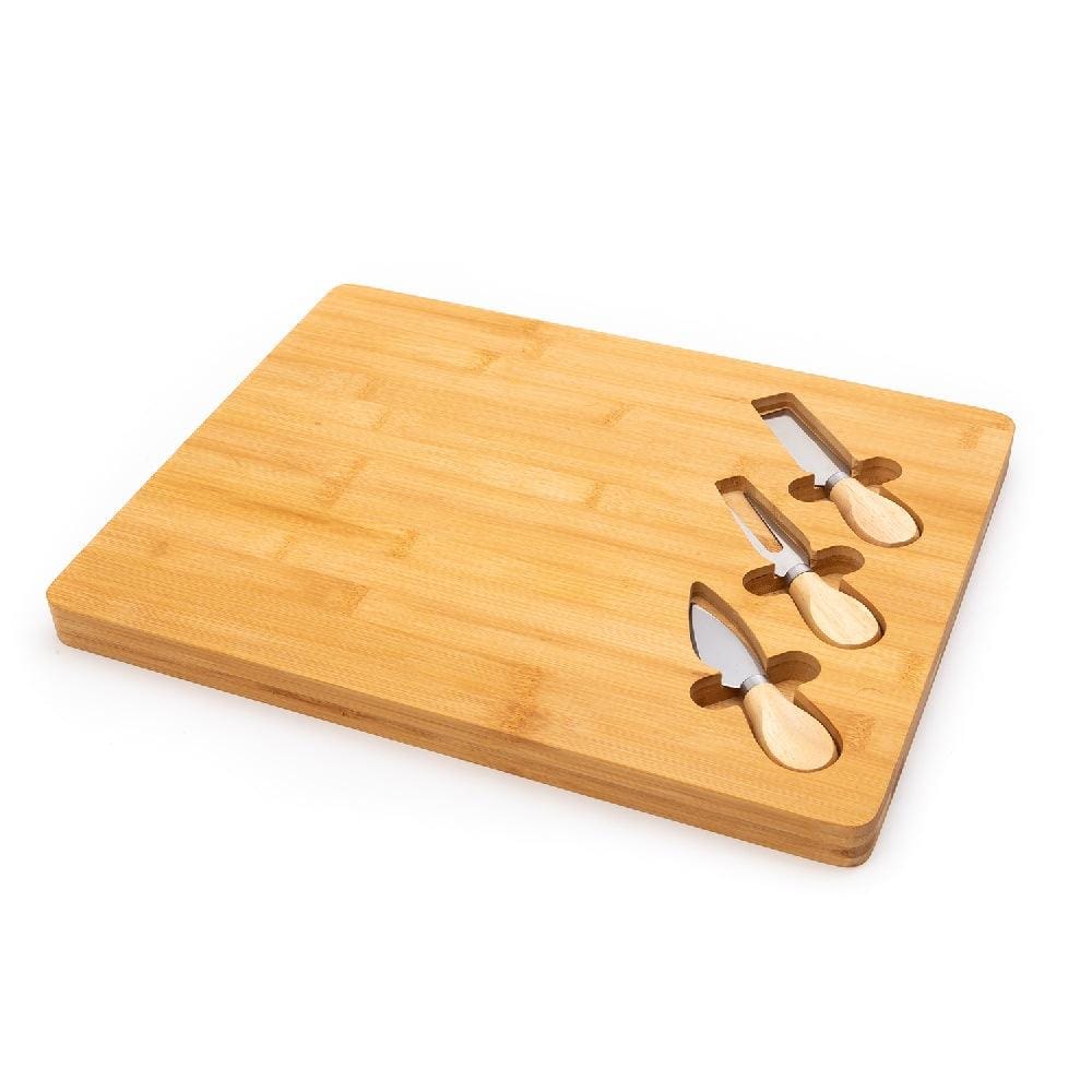 Bamboo Wood Cheese Serving Flat Platter with 3 Cheese Tools & Wooden Handle Set