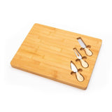 Bamboo Wood Cheese Serving Flat Platter with 3 Cheese Tools & Wooden Handle Set