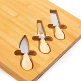 Bamboo Wood Cheese Serving Flat Platter with 3 Cheese Tools & Wooden Handle Set