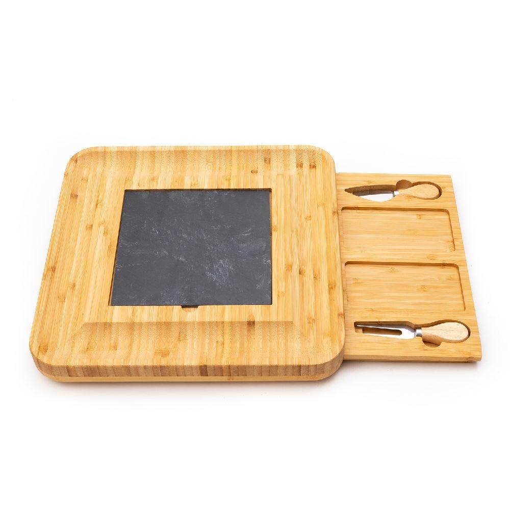 Bamboo Wood Cheese Serving Platter with in-built Double Drawer and 4 Cheese Tools Set