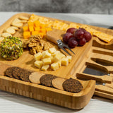 Bamboo Wood Cheese Serving Platter with in-built Single Drawer and 4 Cheese Tools with Wooden Handle Set
