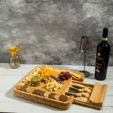 Bamboo Wood Cheese Serving Platter with in-built Single Drawer and 4 Cheese Tools with Wooden Handle Set