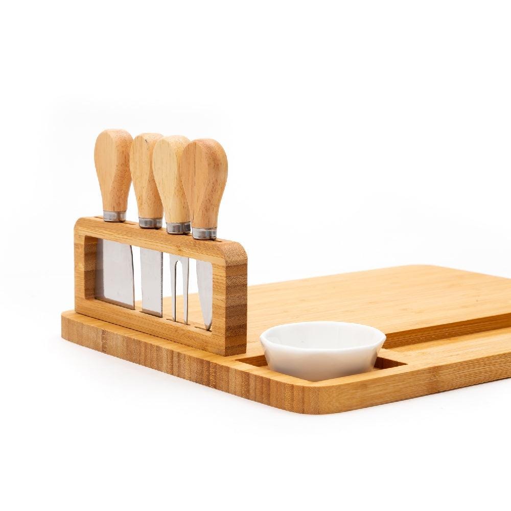 Bamboo Wood Cheese Serving Vertex Platter with 4 Cheese Tools & Wooden Handle Set