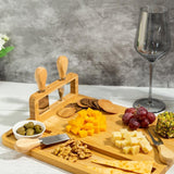 Bamboo Wood Cheese Serving Vertex Platter with 4 Cheese Tools & Wooden Handle Set