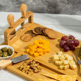 Bamboo Wood Cheese Serving Vertex Platter with 4 Cheese Tools & Wooden Handle Set