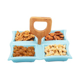 4 Compartment Classic Squares Blue Ceramic Serving Platter with Wooden Handle