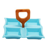 4 Compartment Classic Squares Blue Ceramic Serving Platter with Wooden Handle