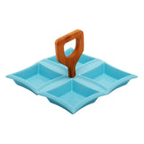 4 Compartment Classic Squares Blue Ceramic Serving Platter with Wooden Handle