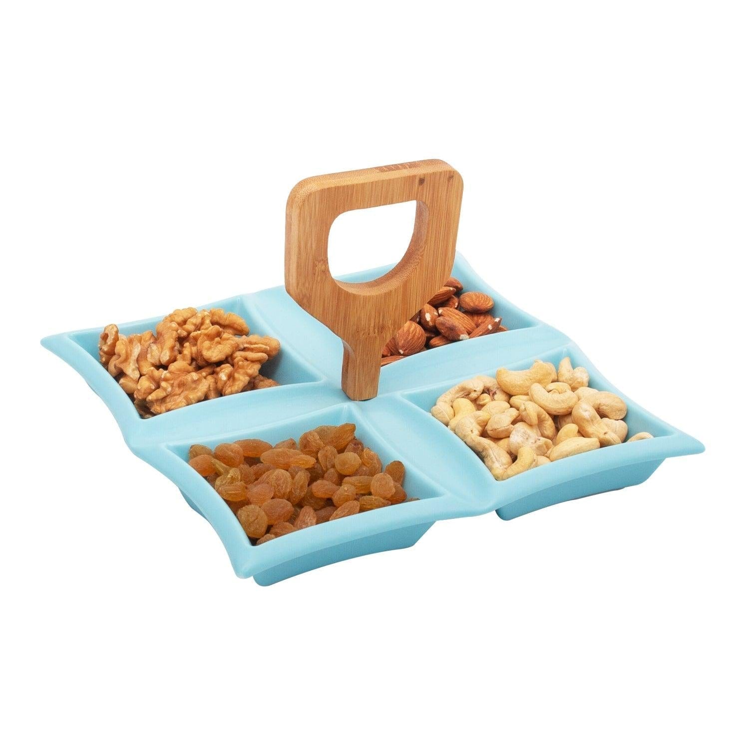 4 Compartment Classic Squares Blue Ceramic Serving Platter with Wooden Handle
