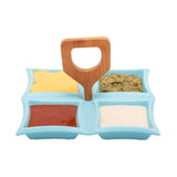 4 Compartment Classic Squares Blue Ceramic Serving Platter with Wooden Handle