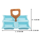 4 Compartment Classic Squares Blue Ceramic Serving Platter with Wooden Handle