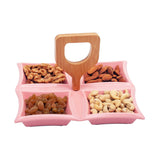 4 Compartment Classic Squares Pink Ceramic Serving Platter with Wooden Handle