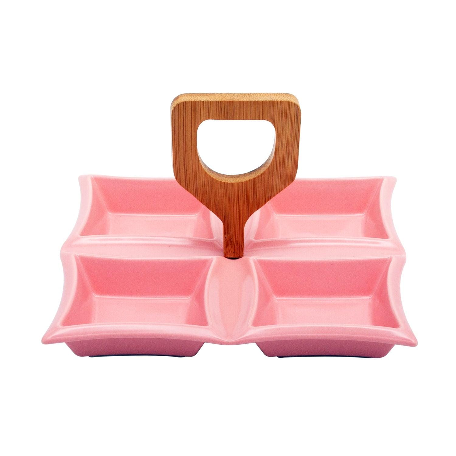 4 Compartment Classic Squares Pink Ceramic Serving Platter with Wooden Handle