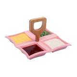 4 Compartment Classic Squares Pink Ceramic Serving Platter with Wooden Handle