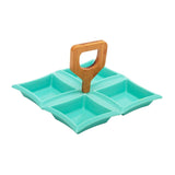 4 Compartment Classic Squares Green Ceramic Serving Platter with Wooden Handle