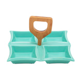 4 Compartment Classic Squares Green Ceramic Serving Platter with Wooden Handle