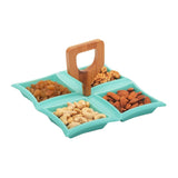 4 Compartment Classic Squares Green Ceramic Serving Platter with Wooden Handle