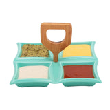 4 Compartment Classic Squares Green Ceramic Serving Platter with Wooden Handle