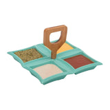 4 Compartment Classic Squares Green Ceramic Serving Platter with Wooden Handle