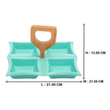 4 Compartment Classic Squares Green Ceramic Serving Platter with Wooden Handle