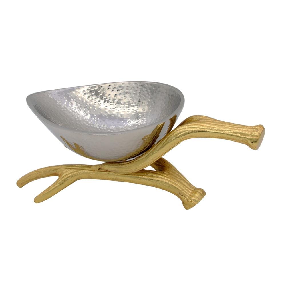 Curvy White Metal Bowl on Golden Brass Stem Stand Set