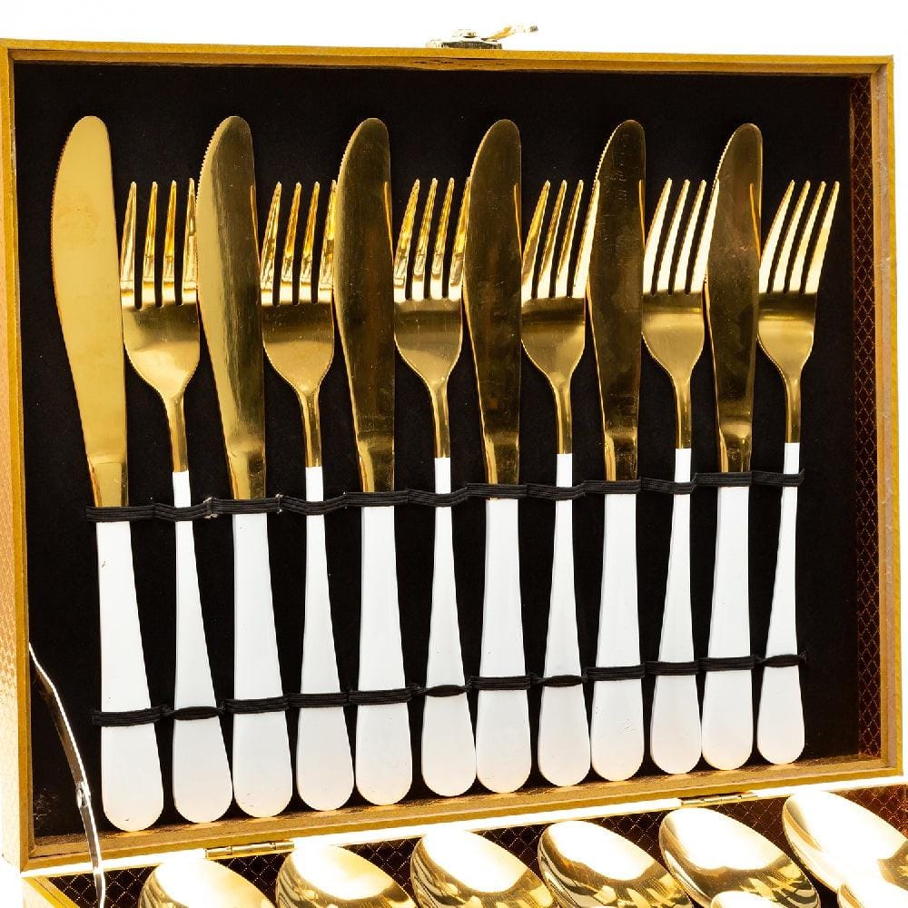 Aurum 24 Piece Stainelss Steel Cutlery Set in Classy Gift Box (White & Gold)