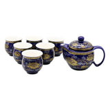 Deep Blue & Golden Ceramic Tea Pot & 6 Cup Sets with SS in Gift Box