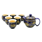 Deep Blue & Golden Ceramic Tea Pot & 6 Cup Sets with SS in Gift Box