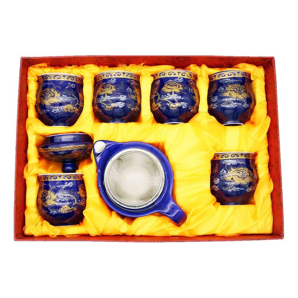 Deep Blue & Golden Ceramic Tea Pot & 6 Cup Sets with SS in Gift Box