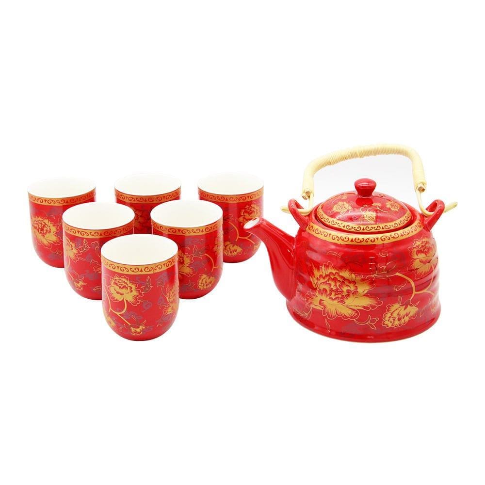 Golden Flowers Red Ceramic Tea Pot & 6 Cup Sets with SS Infuser in Gift Box