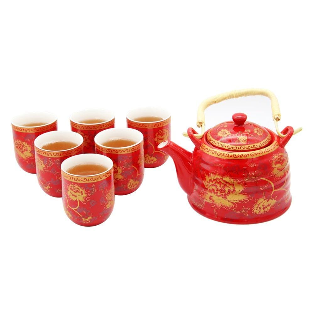 Golden Flowers Red Ceramic Tea Pot & 6 Cup Sets with SS Infuser in Gift Box