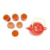 Golden Flowers Red Ceramic Tea Pot & 6 Cup Sets with SS Infuser in Gift Box