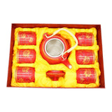 Golden Flowers Red Ceramic Tea Pot & 6 Cup Sets with SS Infuser in Gift Box