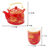 Golden Flowers Red Ceramic Tea Pot & 6 Cup Sets with SS Infuser in Gift Box